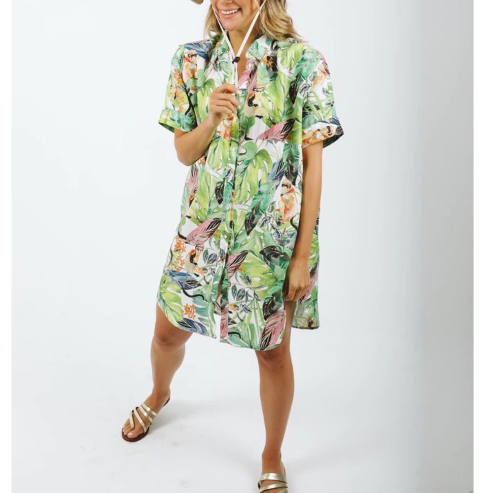 Lanhtropy Linen Shirt Dress Alba  Green Tropicalia Monkey Jungle Shift  S / M